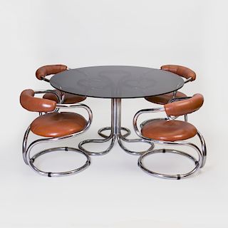 Set of Four Tecnosalotto Leather and Chrome Armchairs and a Chrome and Glass Dining Table