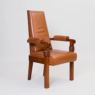 Art Deco Leather and Stained Oak Armchair, Designed by Charles Dudouyt