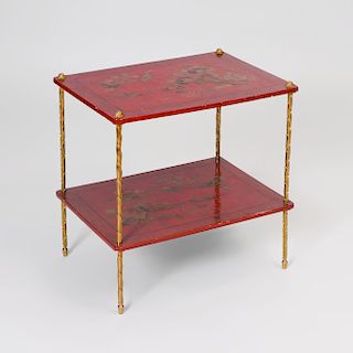 Brass-Mounted Red Lacquered Two Tiered Table, in the Manner of Maison Jansen