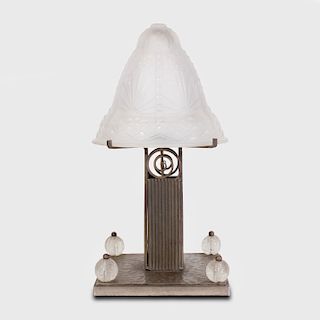 Muller Fréres Cast Glass Shade and Iron Table Lamp