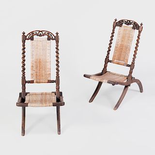 Pair of Small Victorian Stained Wood and Caned Slipper Chairs