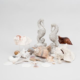 Pair of Composition Seahorses, a Group of Shells and Marine Objects