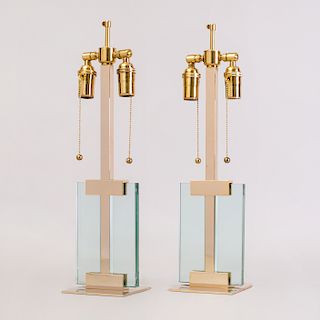 Pair of Brass Mounted Glass Lamps, in the Style of Fontana Arte