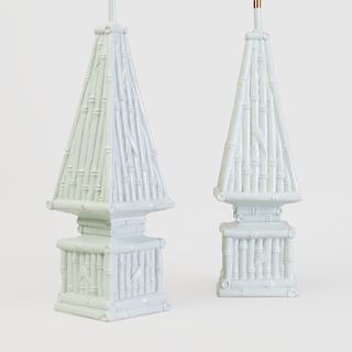 Pair of Celadon Painted Bamboo Obelisk Form Lamps