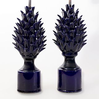 Pair of Blue Glazed Pineapple Form Table Lamps, Possibly Jean Marais for Christian Dior