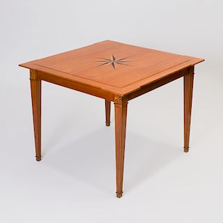 Gilt Metal-Mounted Satinwood Parquetry Games Table, in the Style of Jacques Adnet