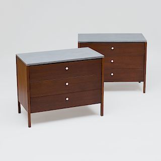 Pair of Florence Knoll Walnut Chests of Drawers with Polished Poured Concrete Tops