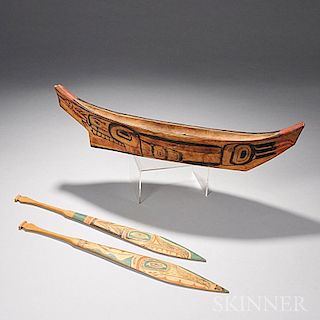 Northwest Coast Carved Wood Canoe Model and Two Paddles