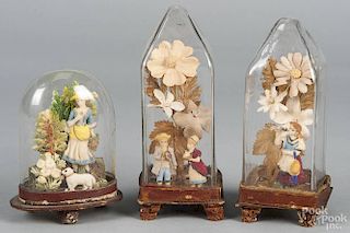 Three wax and fabric domed dioramas, late 19th c., tallest - 7''.