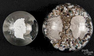 Two sulfide paperweights, early 20th c., one depicting Julius Caesar, 2 1/4'' dia.