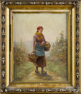 Continental oil on canvas painting, late 19th c., depicting a Dutch girl picking flowers