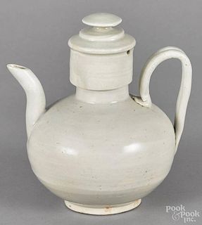 Chinese pale celadon pottery teapot, 7'' h.