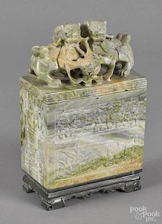 Chinese carved dresser box with foo lion group lid, 9 1/2'' h., 6'' w.
