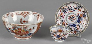 Chinese export porcelain Imari palette cup and saucer, 2 1/4'' h. and 4 1/2'' dia., and bowl