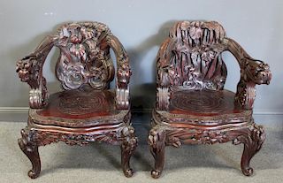 Pair of Highly Carved Japanese Hardwood Chairs.