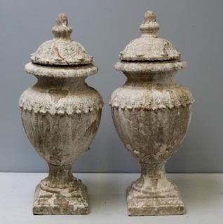 Pair of Antique Patinated Terracotta Lidded Urns.