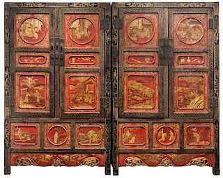 A PAIR OF CHINESE GILTWOOD AND RED LACQUER CABINETS, LATE QING DYNASTY