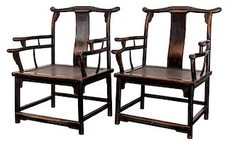 A PAIR OF CHINESE ELMWOOD SOUTHERN OFFICIAL HAT CHAIRS, 19TH CENTURY