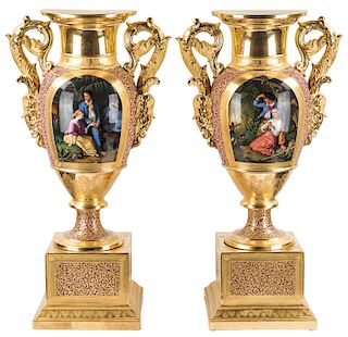 A MONUMENTAL PAIR OF PARIS PORCELAIN GOLD-GROUND VASES DE CHEMINEE, MARK OF GILLE JEUNE PORCELAIN FACTORY, CIRCA 1820S