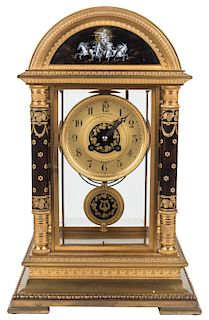 A BIGELOW KENNARD AND CO ONYX AND GILT-BRONZE BRACKET PORTICO CLOCK PAINTED EN GRISAILLE