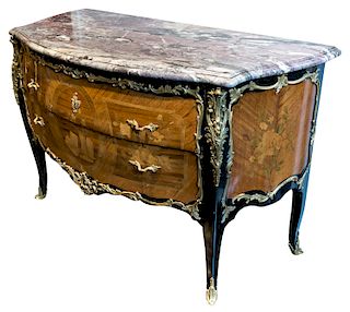 A 19TH CENTURY FRENCH ROCOCO FLORAL MARQUETRY BOMBE COMMODE WITH MARBLE TOP