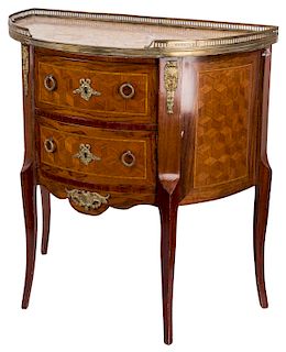 A MARBLE TOP MARQUETRY DEMILUNE HALL CONSOLE 
