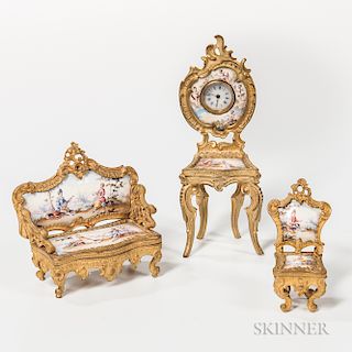 Viennese Enameled Gilt-metal Miniature Table Clock Furniture Set