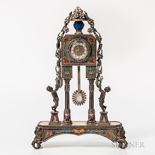 Viennese Silver Enamel, and Jeweled Clock