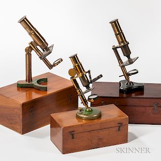 Three Lacquered Brass Monocular Microscopes