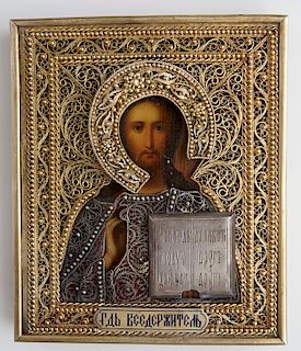 Russian Icon of Christ Pantocrator, Moscow, 1896-1908, with a gilt silver filigree oklad with a maker's mark of "SG" in Cyrillic, presented in a burle