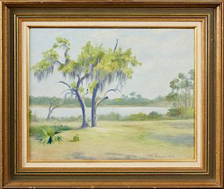 Manuel G. Runyan (1872-1954, Florida), "Moss Draped Trees Along the Water," 1932, watercolor, signed and dated lower right, presented in a gilt frame 