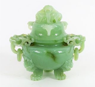 Chinese Hand Carved Jade Dragon Tri Pod Censer