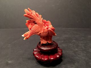 ANTIQUE Chinese RED Coral Carvings og birds, 3" high carving itself.