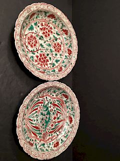 OLD Chinese Wucai Plates with Fish and flowers, Ming/Qing Period