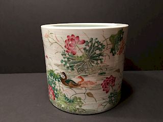 ANTIQUE Chinese Famille Rose Large Brush Pot, Late Qing 