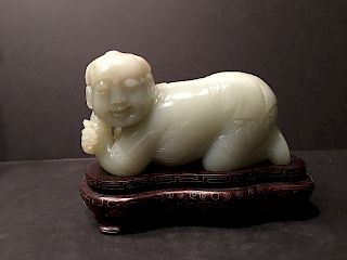 OLD CHINESE Large Celadon White Jade Boy, 6" long