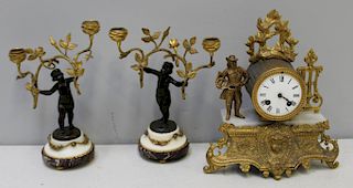 Antique Gilt Metal Figural Clock Together with