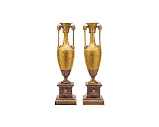 Pair of French Gilt Bronze and Rouge Marble Classical Urns, 19th century