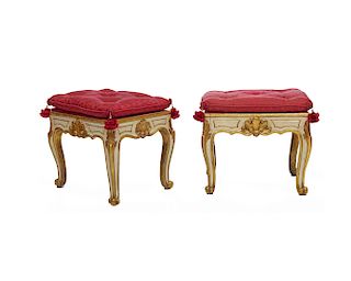 Pair of Continental Creme Painted Parcel Gilt Footstools, with red silk tasseled seats, 18th century
