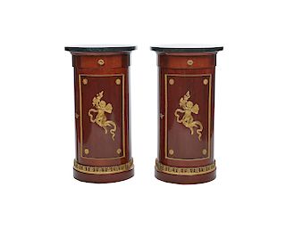 Pair of Empire Ormolu Mounted Marble Top Cylinder Side Cabinets, 19th century