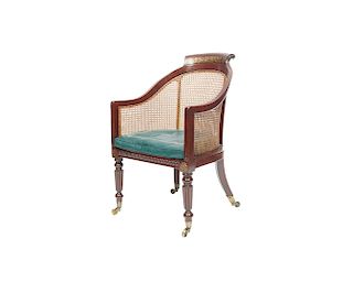 Regency Brass Inlaid Cane Back Carved Mahogany Bergere