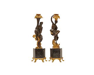Pair of Continental Patinated and Gilt Bronze and Marble Figural Candlesticks, late 19th century