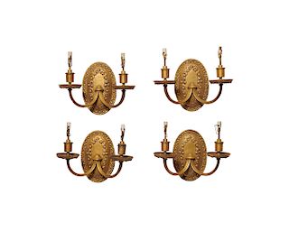 Set of Four American Gilt Bronze Two Light Sconces, early 20th century