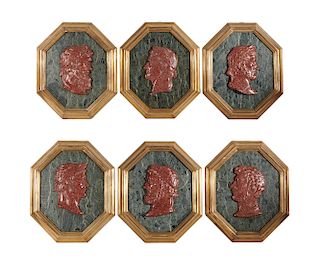 Set of Six Octagonal Marble and Faux Marble Bas Relief Classical Profile Portraits