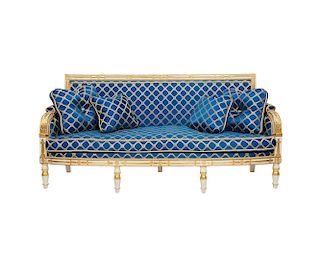 Empire Style White Painted and Parcel Gilt Settee, with cobalt blue silk upholstery, 20th century