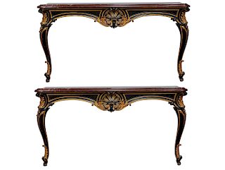 Pair of Louis XV Style Carved, Painted, Giltwood, and Rouge Marble Top Console Tables, ca. 1900
