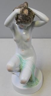 HEREND. Large Signed Porcelain Seated Nude.