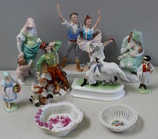 HEREND. Assorted Figurines and 2 Reticulated Bowls