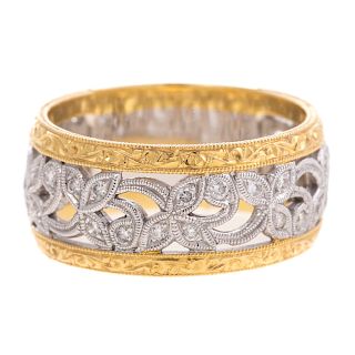 A 18K Two Toned Wide Floral Diamond Band