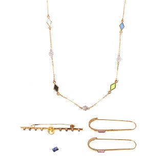 A Trio of Bar Pins and Necklace in Gold